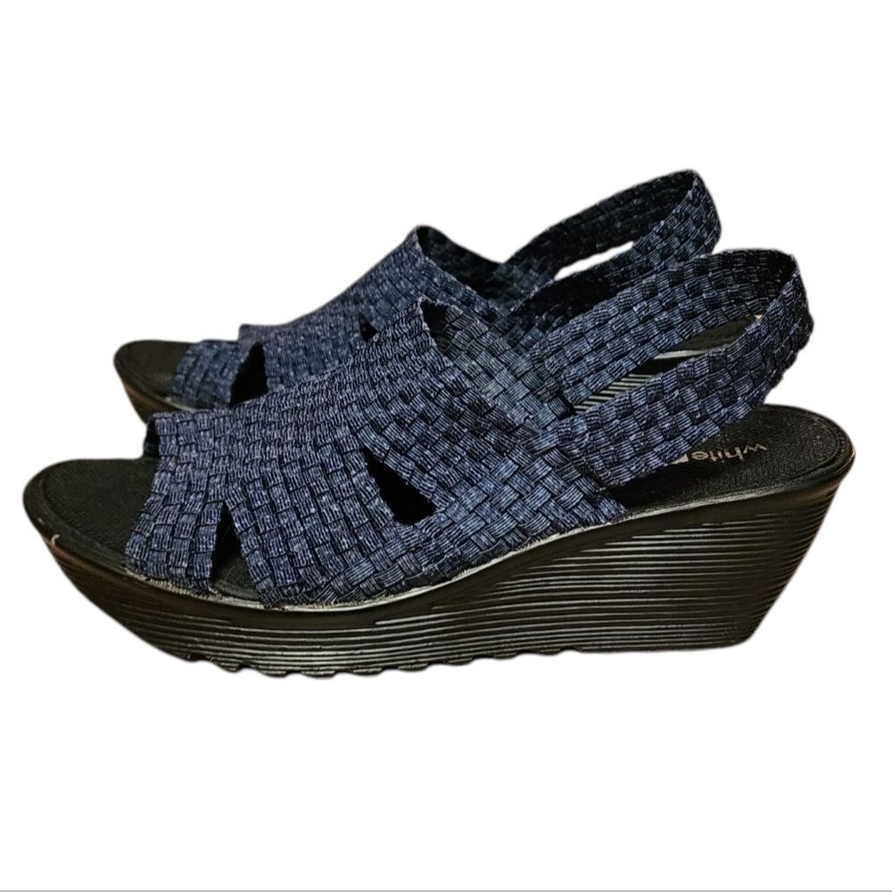 White Mt Navy Woven Open Toe Slingback Wedge Sandals Womens Sz 11 Stretch Casual - Picture 3 of 12